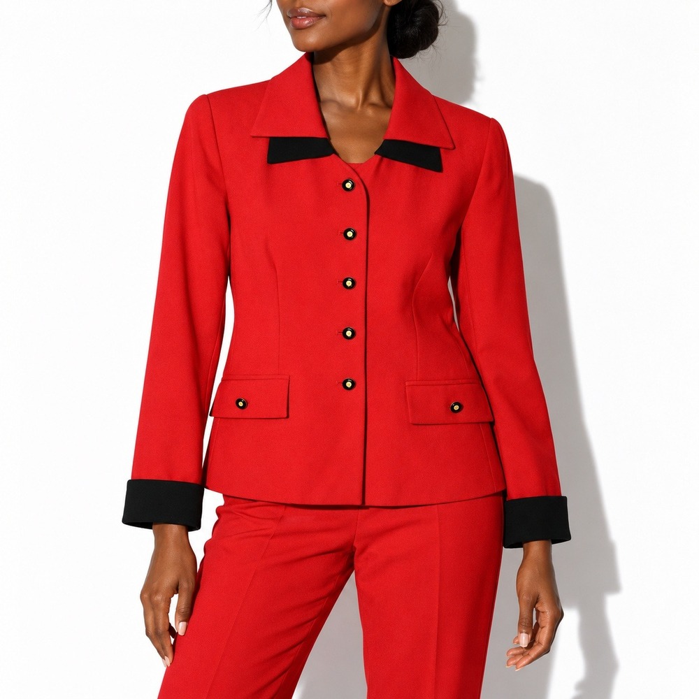 90s Vintage Red Double Collar Blazer Womens 6P Black Gold Jacqueline Ferrar Mod